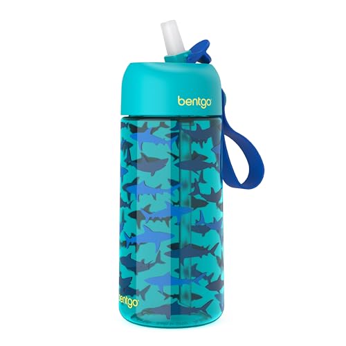 Bentgo® Kids Water Bottle - New & Improved 2023 Leak-Proof, BPA-Free 15 oz. Cup for Toddlers & Children - Flip-Up Safe-Sip Straw for School, Sports, Daycare, Camp & More (Shark)