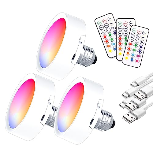 LIKERTLA LED Puck Light,USB Rechargeable E26 Light Bulbs,13 Colors RGB Battery Powered LED Magic Bulb with Remote Control, Dimmable for Wall Sconces Lamp Non Electric Emergency Backup,3 Pack