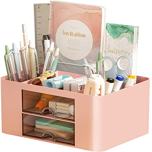 Marbrasse Pen Organizer with 2 Drawer, Multi-Functional Pencil Holder for Desk, Desk Organizers and Accessories with 5 Compartments + Drawer for Office Art Supplies (Pink)