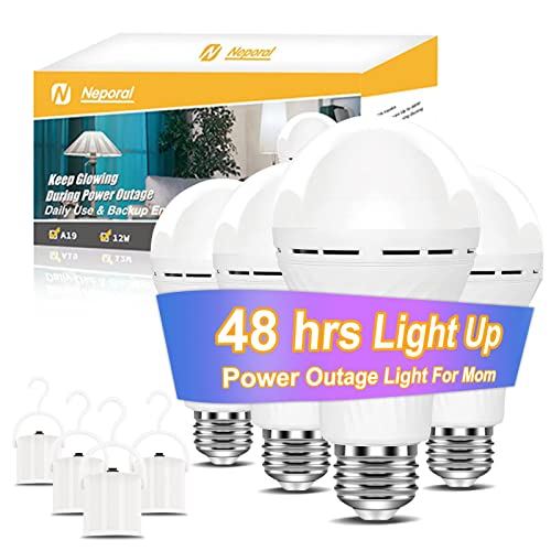 Neporal LITE Emergency Rechargeable Light Bulbs A19, Light Up to 48 hrs, Battery Operated Light Bulb, 5000K E26 LED Bulb, Emergency Lights for Home Power Failure