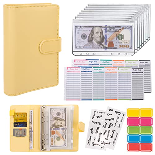 Budget Binder Cash Envelopes for Budgeting Money Organizer for Cash Money Envelopes for Cash Leather A6 Budget Binder with Zipper envelopes (Yellow)