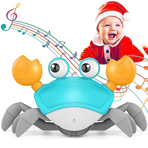 KIZJORYA Crawling Crab Baby Toy, Tummy Time Gifts for Toddler & Newborn, Light-Up Walking Dancing Moving Crab with Music & Obstacle Avoidance, Infant Rechargeable Sensory Development Toy (Green)