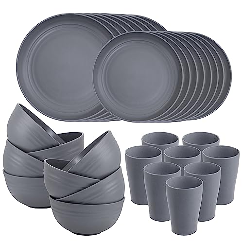 Supernal 32pcs Wheat Straw Dinnerware Sets,Unbreakable Dinnerware Sets for 8,Reusable Tableware,Straw Tableware,Dark Grey Set 16pcs Plates, 8pcs Bowls, 8pcs Cups