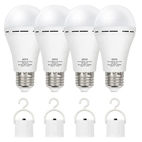 OFFLIY Emergency Light Bulbs, 1800mAh High-Capacity Battery for Longer Emergency Time, 9W,750LM,5000K Rechargeable Light Bulbs for Power Outage, A19 E26 Led Light Bulbs, 4PK,with 4 Hooks