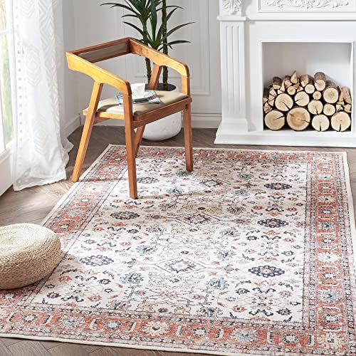 jinchan Area Rug 3x5 Orange Vintage Traditional Area Rug Kitchen Floor Cover Foldable Thin Rug Distressed Floral Print Indoor Mat for Bedroom Living Room