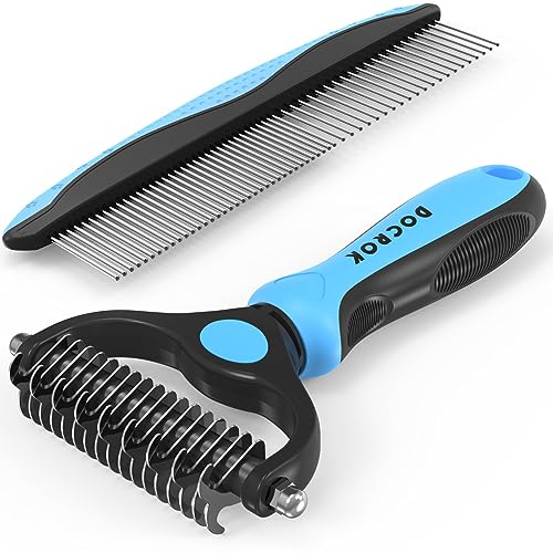 Pet Grooming Brush and Metal Comb Combo, Cat Brush Dog Brush for Shedding, Undercoat Rake for Dogs Grooming Supplies, Dematting Deshedding Brush Dogs Shedding Tool for Long matted Haired Pets, Blue