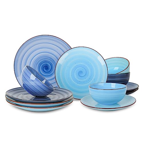 Selamica Ceramic 12-Pieces Dinnerware Sets, Kitchen Ceramic Plates and Bowls Sets, Dishes Set Service for 4, Dinner Salad Dessert Plates and Cereal Bowls Set, Gift, Gradient Blue