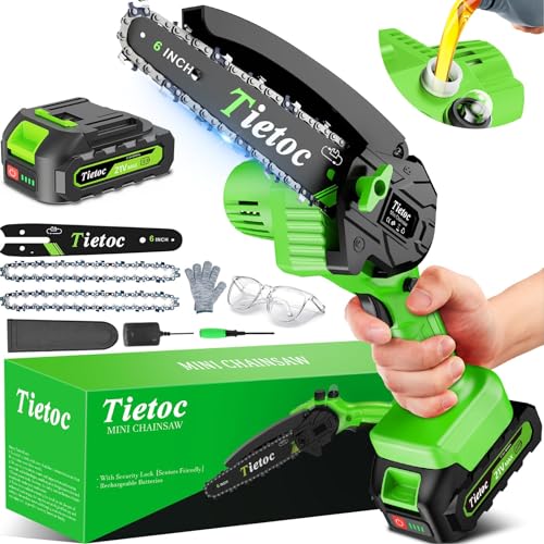 TIETOC Mini Chainsaw Cordless 6 Inch [Gardener Friendly] Super Handheld Rechargeable Chain Saw With Security Lock & Auto Oiler-System, Small Electric Chainsaws Battery Powered For Wood_Trees Cutting