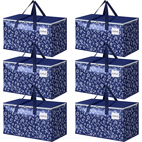 HomeHacks Moving Bags, Extra Large Size Moving Boxes, Heavy Duty Luggage Bags with Smooth Zipper and Sturdy Handles, Large Capacity & Easy Loading Storage Totes for Space Saver 88L, 6-Pack, Blue