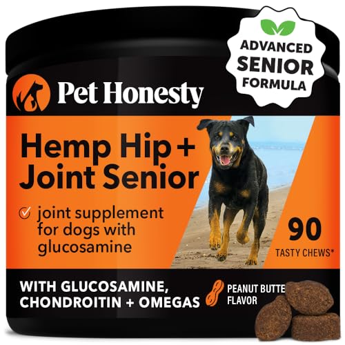 Pet Honesty Senior Hemp Hip & Joint Support, Hemp for Dogs, Mobility Support for Senior Dogs, Hemp Oil & Powder, Glucosamine, Collagen, MSM, Green Lipped Mussel, Helps Discomfort (Peanut Butter, 90)