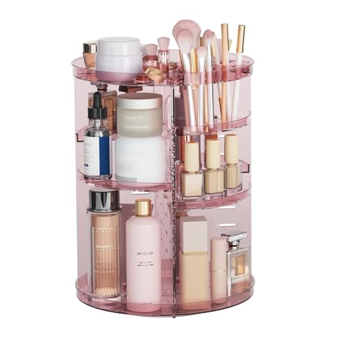 Rotating Makeup Organizer, DIY 8 Adjustable Layers 360 Spinning Skincare Organizers, Makeup Storage Carousel Tower with Brush Holder & Perfume Trays, Cosmetic Display Case for Vanity Bathroom