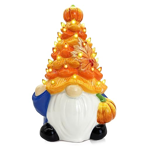 Ceramic Gnome Fall Decorations, Blue Gnome Ceramic Tree Lighted, Light up Pumpkin Gnome Fall Table Decor, Orange Blue Fall Decor Bedroom Indoor Mantle, Gnome Fall Thanksging Gift for Kids Women Men