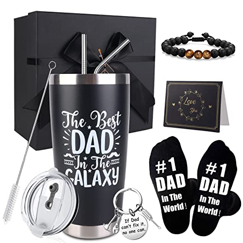 CAKKA Dad Gifts, 8PCS Fathers Day Gift Includes 20oz Tumbler with Lid Straw Brush Socks Bracelet Key Chain Thanks Card Gift Box, Best Dad Ever Gifts from Daughter Son Kids for Christmas Birthday