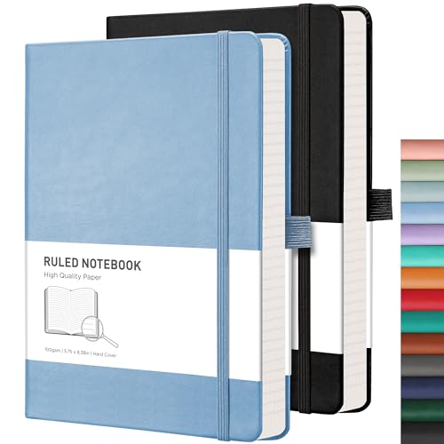 RETTACY Journaling Notebooks 2-Pack - A5 Notebooks College Ruled with 192 Numbered Pages per Pack, for Work, School, 100 GSM Acid-Free Paper, Leather Hardcover, 5.7" × 8.3" (Black & Light Blue)