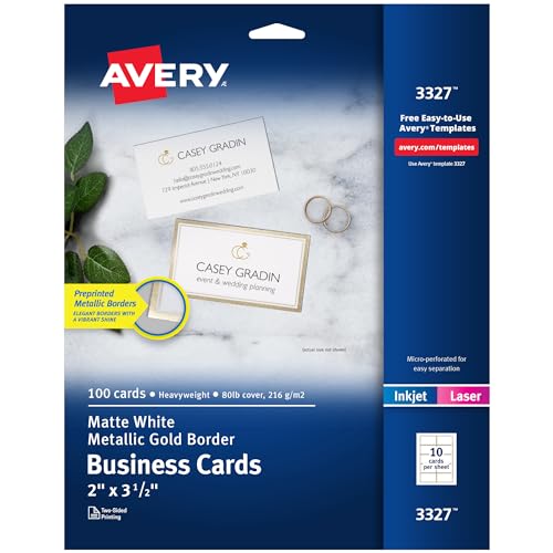 Avery Business Cards with Metallic Gold Borders, 2" x 3.5", 100 Total, Laser_Inkjet Printable Business Cards (3327)