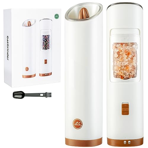 GATGOODS Gravity Electric Salt and Pepper Grinder Set, Adjustable Coarseness, Warm LED Light, One-handed Automatic Operation, Battery Powered, White, Electric Pepper Mills