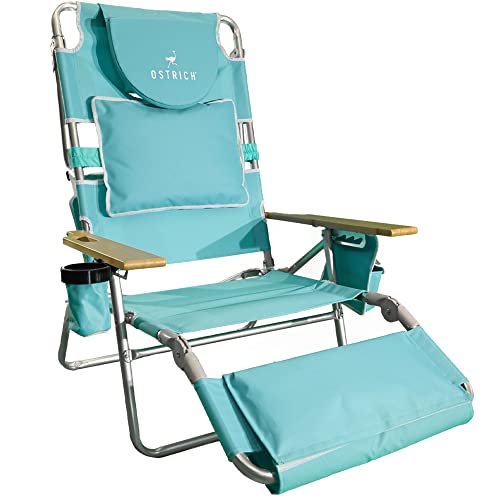 Ostrich Deluxe 3 in 1 Beach Chair with Face Opening - Portable, Reclining Lounger for Tanning - Face Hole for Reading on Stomach - Padded Footrest, Removable Pillow - Aluminum (Aqua)