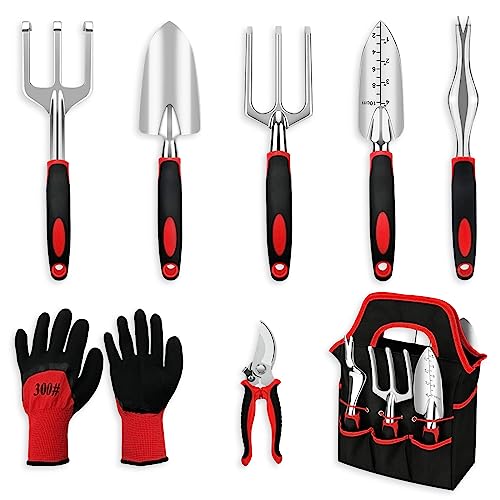 Gardening Tool Set, 8 Pieces Aluminum Heavy Duty Gardening Kit with Ergonomic Handles, Gardening Bag, Ideal Gardening Tool Set - Gifts for Men and Women