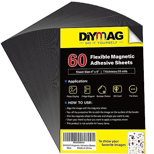 DIYMAG Adhesive Magnetic Sheets, |4" x 6"| 60 Packs, Flexible Magnet Sheets with Adhesive for Crafts, Photos and Die Storage, Easy Peel and Stick, Easy to Cut into Any Shape_Size (4" x 6"- 60P)