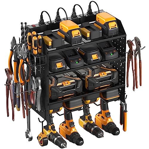 CCCEI Modular Pegboard Rack Power Tool Organizer with Charging Station. 4 Layer Wall Mount Drill Holder, Mechanic Tool Battery Charger Organizer. Garage Shop Storage Utility Shelf with Power Strip.