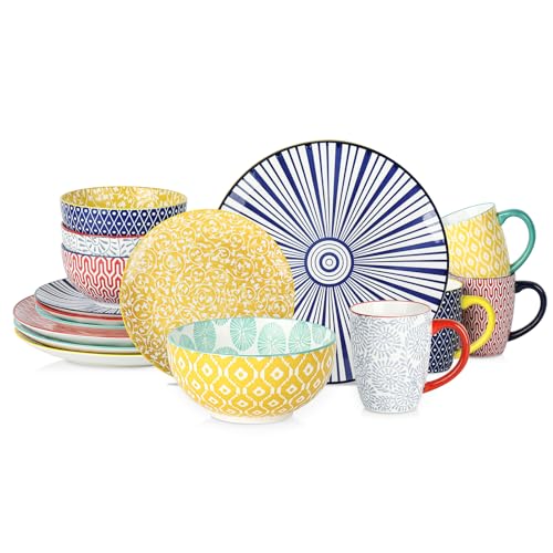 Selamica Ceramic 16-Pieces Dinnerware Set for 4, Ceramic Dishes Set, Kitchen Plates and Bowls Sets, Dinner Salad Dessert Plates, Cereal Bowls and Mugs(Assorted Colors) A