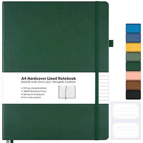 College Ruled Notebook, A4 Hardcover Leather Notebook for Work, Lined Notebook Journal for Women, Men, 192 Thick Paper, Lay Flat, Large Notebook with 2 Pockets, Professional Business Notebook, Green