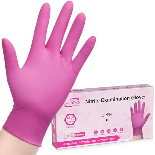 SwiftGrip Powder-Free Nitrile Gloves, Medium, 50ct Box - 3-mil, Disposable, Latex-Free, for Kitchen, Cleaning, Estheticians, Hair Stylist - Pink_Fuchsia