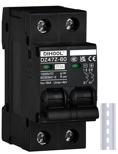 DIHOOL DC Circuit Breaker 20 Amp Solar Disconnect Switch 2P 1000V for PV, UPS, RV Battery,DIN Rail Mount