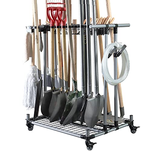 QTJH Heavy duty garden tool organizer garage storage holder storage large long farming tools lawn tool metal rack shovel and rake organizer