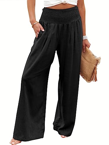 ANRABESS Women Linen Palazzo Pants Summer Boho Wide Leg High Waist Casual Lounge Pant 2024 Beach Travel Vacation Outfits Black X-Large