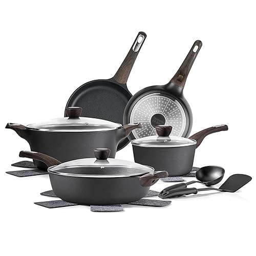 SENSARTE Pots and Pans Set Nonstick, 14 Pcs Induction Kitchen Cookware Sets, Non-toxic Non Stick Cooking Set with Frying Pans Set & Saucepan, PFOA PFOS APEO Free, Black