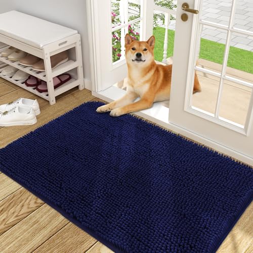 OLANLY Dog Door Mat for Muddy Paws 48x30, Absorbs Moisture and Dirt, Absorbent Non-Slip Washable Mat, Quick Dry Chenille, Mud Mat for Dogs, Entry Indoor Door Mat for Inside Floor, Navy Blue