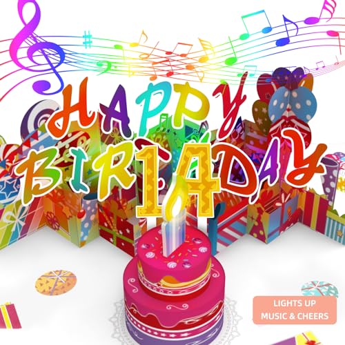 Gumry 14TH Birthday Card, Blowable Musical Birthday PopUp Card with LED Light Candle Song 