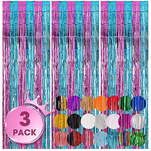 Voircoloria 3 Pack 3.3x8.2 Feet Blue and Pink Foil Fringe Backdrop Curtains, Tinsel Streamers Birthday Party Decorations, Fringe Backdrop for Graduation, Baby Shower, Gender Reveal, Disco Party