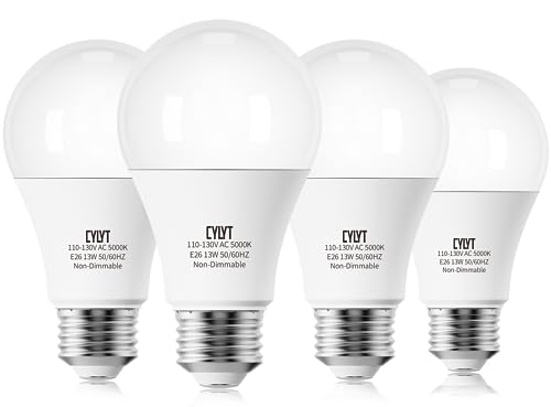 CYLYT 100W Equivalent Bright LED Light Bulbs, Daylight White 5000K A19 Lightbulbs, Focos LED para Casa, for Kitchen Bedroom Indoor, 1500 Lumens, E26 Standard Base, Non-Dimmable, 4-Pack