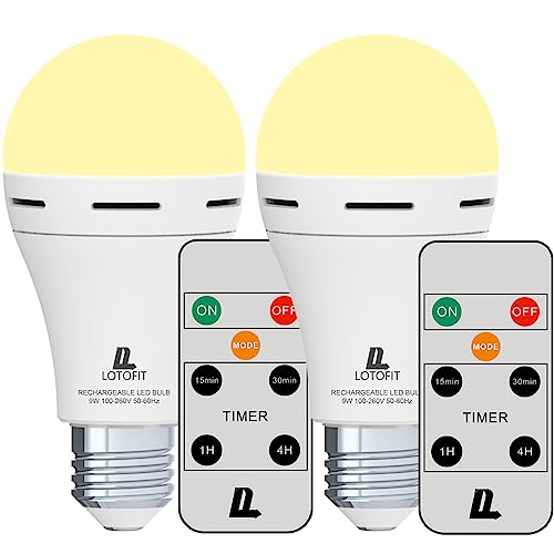 LOTOFIT E26 Rechargeable Light Bulbs with Remote and Timer, Emergency Backup Battery Light Bulbs with AC_DC Modes, Emergency Lights for Power Outage, 3000K Soft White A21 (2 Pack)