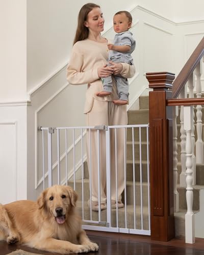 InnoTruth 28.9-42.1" Wide Baby Gate for Stairs, 30" Tall Dog Gates for Doorways Expandable One-Hand Open, Easy Walk Through Dual Lock Metal Pet Gates for Dogs, White-Family & Mom