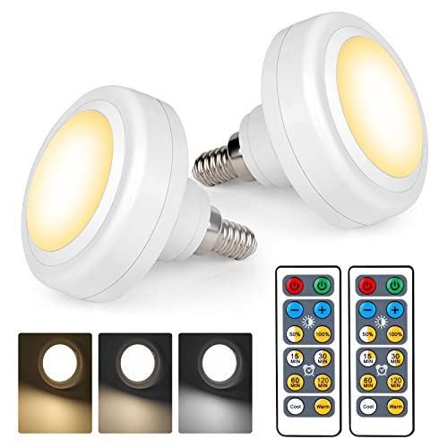 MILDWARM E12 Base Battery Operated Light Bulb, 2 Pack AAA Battery Powered LED Bulbs with Remote, E12 Screw in Puck Light for No Hardwired No Electricity Wall Sconce Hanging Pendant Light Fixture