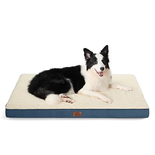 Bedsure Large Dog Crate Bed - Big Orthopedic Waterproof Dog Beds with Removable Washable Cover for Large Dogs, Egg Crate Foam Pet Bed Mat, Suitable for Dogs Up to 75 lbs, Denim Blue