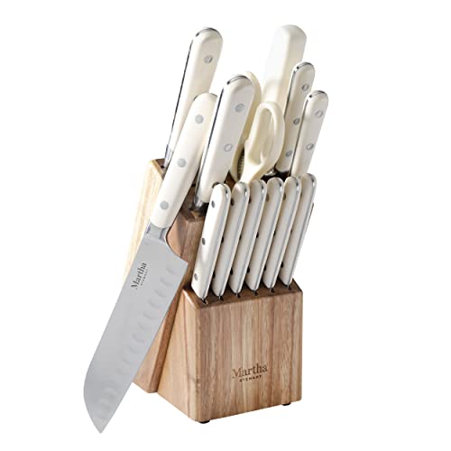 Martha Stewart 14 Piece High Carbon Stainless Steel Cutlery Knife Block Set w_ABS Triple Riveted Forged Handle Ashwood Block - Linen