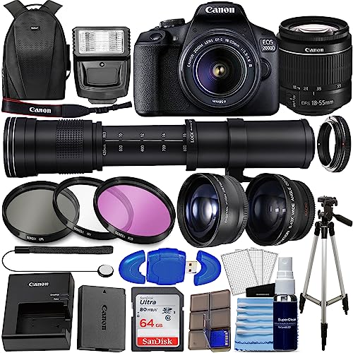 Canon EOS 2000D DSLR (Rebel T7) w_ 18-55mm Zoom Lens Kit + 64GB Memory, 420-800mm Super Zoom Lens, Wide Angle Lens, Telephoto Lens, 3PC Filter Kit, Photo Backpack, Tripod + More (34PC Bundle)