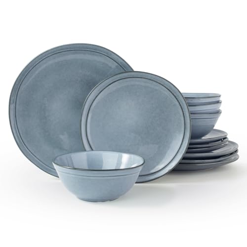 Famiware Aegean Plates and Bowls Sets, Dinnerware Set for 4, 12 Pieces Dish Set, Handmade Irregular Round Stoneware Dishware Set, Reactive Glaze Dinner Set, Blue Grey