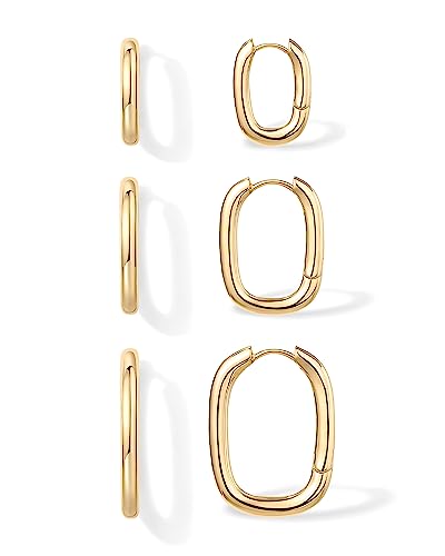 PAVOI 18K Yellow Gold Plated 925 Sterling Silver Posts 3 Pairs Chunky Gold Hoop Earrings Set | Lightweight Rectangle Huggie Hoops Pack for Women