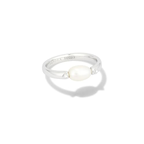 Kendra Scott Leighton Rhodium-Plated Brass Pearl Band Ring in White Pearl, Fashion Jewelry for Women, Size 8