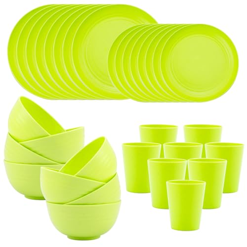 Supernal 32 pcs Wheat Straw Dinnerware Sets,Plates and Bowls Sets,Unbreakable Dinner Plates for 8,Reusable Dinnerware,Green Set 16pcs Plates, 8pcs Bowls, 8pcs Cups