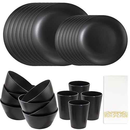 Supernal 32pcs Black Wheat Straw Dinnerware Sets with 25pcs Linen Napkins,Plates and Bowls Sets for 8,Black Plastic Dinnerware Sets, Microwave Dishwasher Safe Plates, Dishes Set for 8 for Halloween