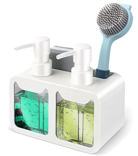 Kitchen Hand Soap and Dish Soap Dispenser Set, Dual Soap Dispenser with Sponge Caddy and Brush Holder 4-in-1 Organizer for Kitchen Sink Countertop, Useful Kitchen Gadgets - White