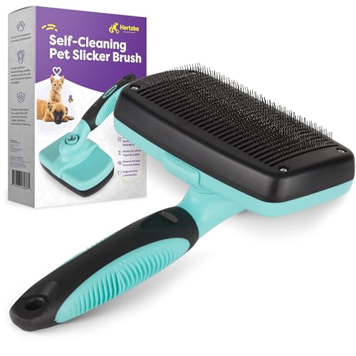 Hertzko Dog & Cat Brush, Dog Brush for Shedding, Cat & Dog Grooming, Self Cleaning Slicker Brush for Pets, Grooming Brushes for Long Short Haired Dogs Cats, Deshedding Brush, Rake, Comb - Aqua