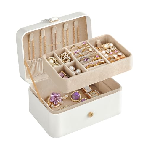 SONGMICS Jewelry Box, Travel Jewelry Case, 2-Layer Jewelry Holder Organizer, 4.6 x 6.3 x 3 Inches, Portable, Versatile Earring Storage, for Larger Accessories, Gift Idea, Cloud White UJBC166W01