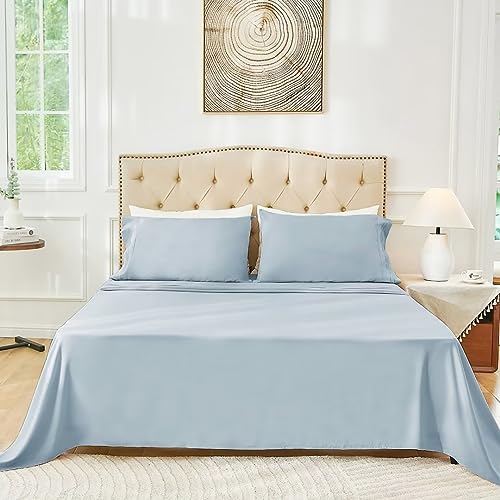 Baby Blue Full Size Bed Sheet Sets-Deep Pocket Fitted Sheet & Pillowcase Sets-4 Piece Soft Cooling Microfiber Bedsheets for Double Bed